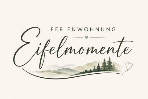 Een stijlvol logo voor een vakantiehuis genaamd "Eifelmomente". Het toont een pittoresk landschap met bergen en vervaging in zachte kleuren.