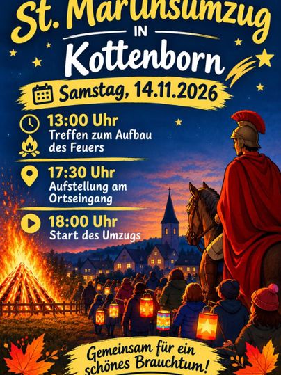 Ein Veranstaltungsplakat für den St. Martinsumzug in Kottenborn. Es zeigt Informationen zu den Uhrzeiten und Aktivitäten des Umzugs.