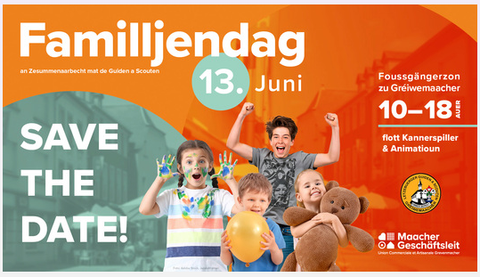 A colorful family action day with cheerful children holding colorful balloons and toys. The text announces the event on June 13th.