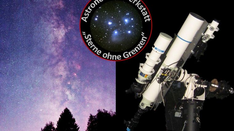 Un ciel nocturne spectaculaire avec de nombreuses étoiles et la Voie lactée. À droite, un télescope est représenté pour explorer l'univers.