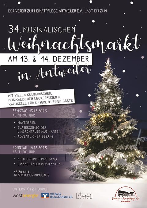 A festive Christmas market with a lit Christmas tree in front of a dark, snow-covered landscape. The event takes place on December 13 and 14 in Antweiler and offers many culinary delights and musical entertainment.