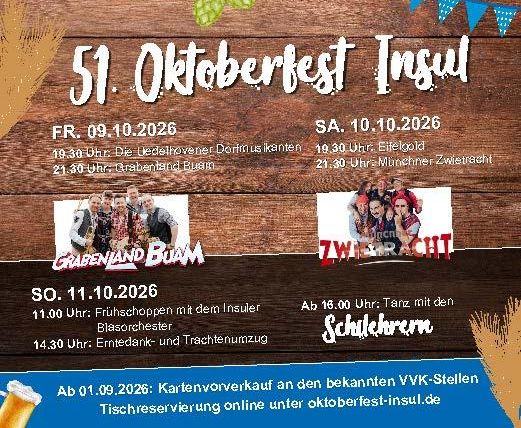 De flyer kondigt het 51ste Oktoberfest in Insul aan. Het bevat informatie over evenementen op de dagen van 09 tot 11 oktober 2026.