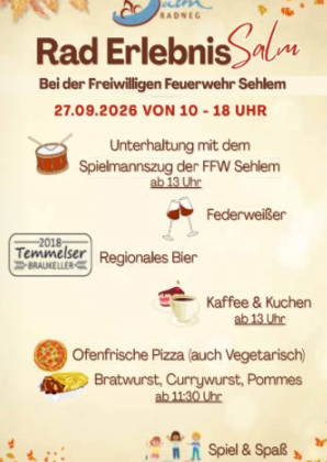 Een evenementenposter voor het "Rad Erlebnis Salm" in Sehlm. Het toont informatie over activiteiten, eten en drinken op 27.09.2026.