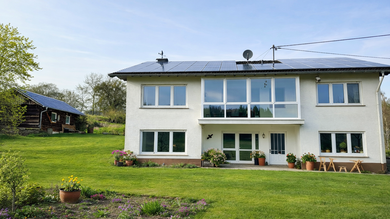 Ein modernes Haus mit Solarpanelen und großen Fenstern in einer grünen Umgebung. Im Hintergrund steht ein kleines Holzhaus.