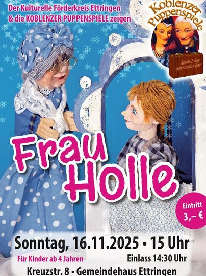 Ein Plakat für ein Puppenspiel mit dem Titel "Findus und der Hahn im Korb". Es zeigt einen bunten Handpuppen und informiert über die Veranstaltung am 17.11.2024 im Gemeindehaus Ettringen.