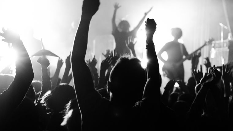 Een concert met enthousiaste fans, wiens handen de lucht in gestrekt zijn. De scène is in zwart-wit uitgevoerd en creëert een energieke sfeer.