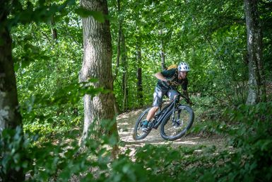 Ein Mountainbiker fährt mit Helm und Rucksack durch einen grünen Wald auf einem schmalen, kurvigen Trail.