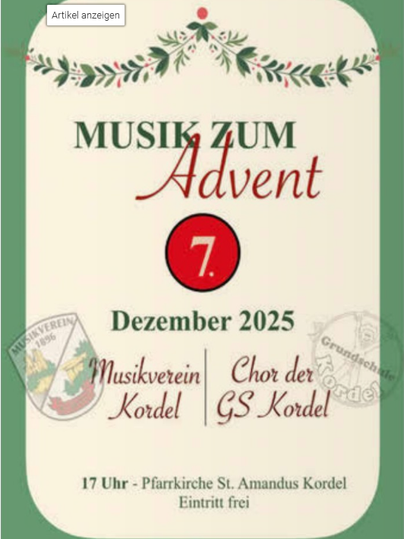 Een poster voor een adventsconcert op 7 december 2025. Het toont informatie over de muziekvereniging Kordel en het koor van de GS Kordel.
