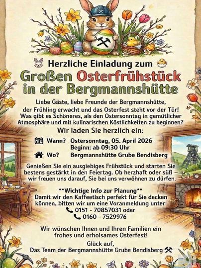 Feuille d'invitation pour un repas de hareng à la cabane des mineurs Grube Bendigo. L'événement aura lieu le 18 avril 2025 et propose des filets de hareng avec des pommes de terre à la pelure et une salade d'accompagnement.