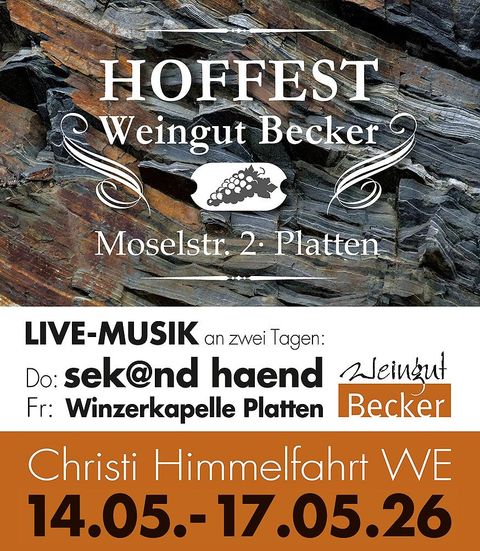 Ein Werbeplakat für das Hoffest des Weinguts Becker. Es zeigt Informationen zu Live-Musik und Veranstaltungsdaten.