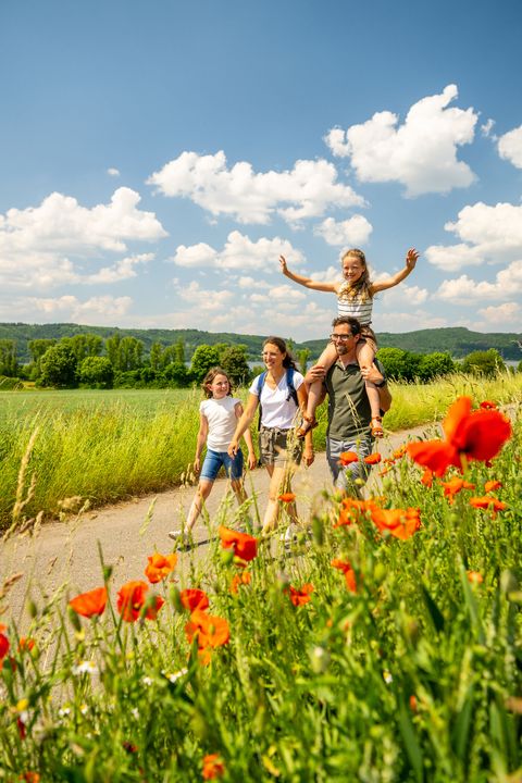 Eine Familie wandert entlang von Feldern und Wiesen