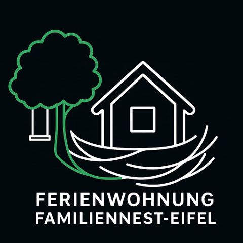 Een eenvoudig logo met een gestileerde boom en een huis. Daaronder staat "Ferienwohnung Familiennest-Eifel".