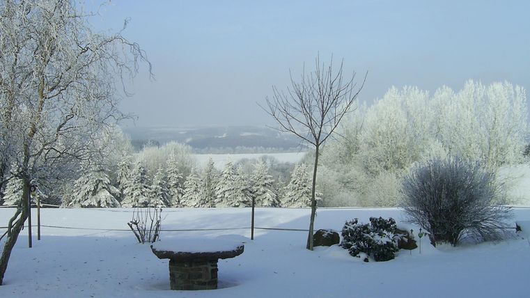 Un paysage enneigé avec des arbres recouverts de neige. Au premier plan, il y a un banc et le ciel est clair et bleu.