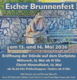Ein Plakat für das Escher Brunnenfest. Es zeigt Informationen über das Fest am 13. und 14. Mai 2026.