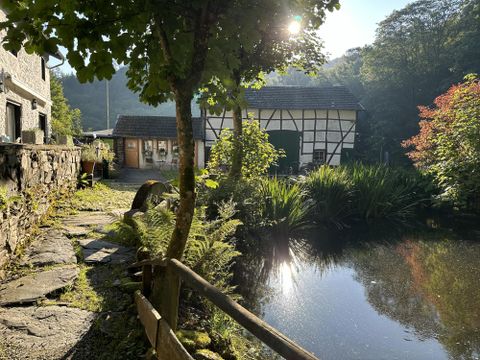 A picturesque pond surrounded by lush greenery and trees. In the background, a traditional house in half-timbered style can be seen.