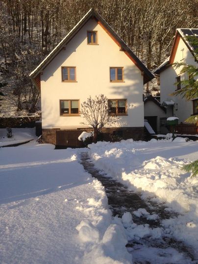 A beautiful house in the snow with a paved path. The surroundings are surrounded by snowy trees.