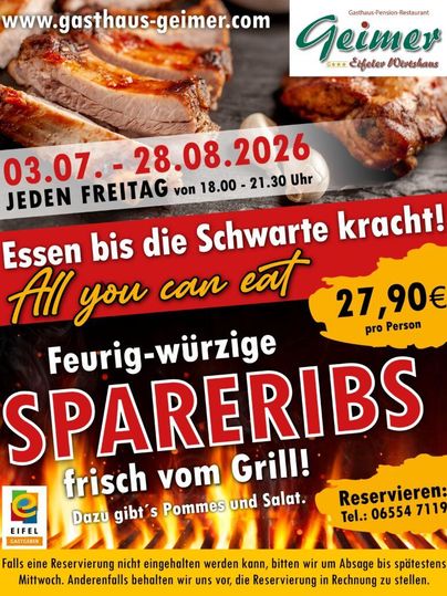 Een reclameposter voor herberg Geimer, die pittige spareribs aanbiedt. Het all-you-can-eat aanbod geldt op vrijdagen van 18.00 tot 21.30 uur voor de prijs van 27,90 €.