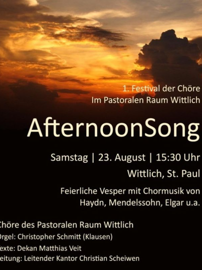 Ein Poster für das 1. Festival der Chöre in Wittlich. Es werden Informationen zur Veranstaltung und dem Programm angezeigt, das Chorstücke von Haydn, Mendelssohn und Elgar umfasst.