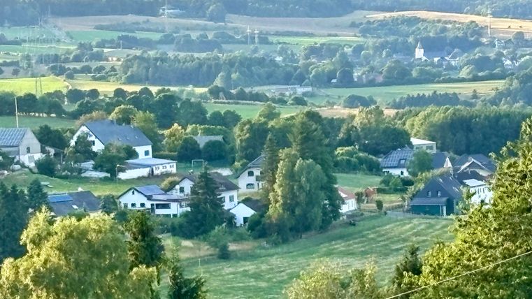 A picturesque landscape with green fields and scattered houses. In the background, wind turbines and gentle hills are visible.