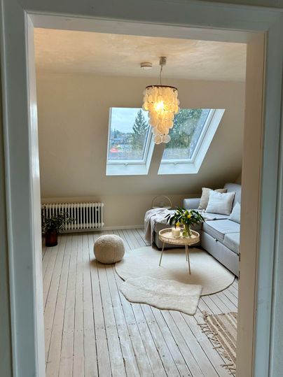 Een gezellig woonkamer met dakramen en een lichte houten vloer. De ruimte is ingericht met een bank, een kleine tafel en planten.