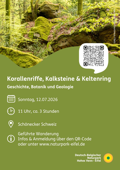 Ein Veranstaltungshinweis für eine geführte Wanderung im Naturpark. Das Bild zeigt einen grünen Wald mit Felsen und Informationen zu Datum und Uhrzeit.
