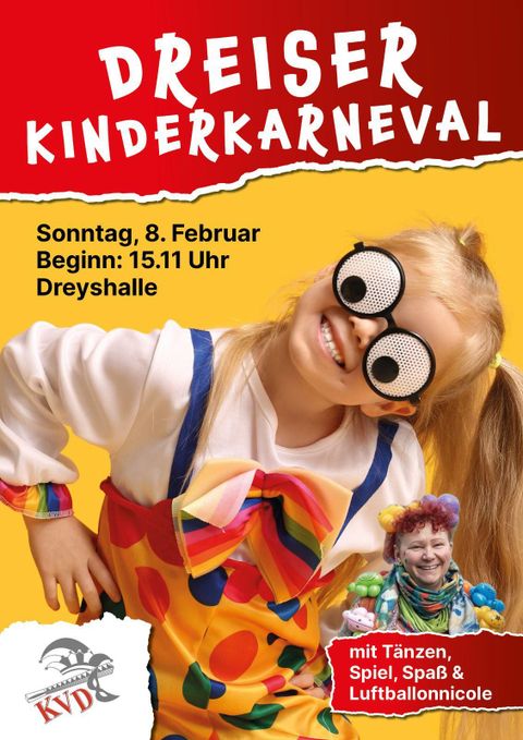 Un enfant joyeux en costume de carnaval coloré porte de grandes lunettes amusantes. L'arrière-plan est rouge et annonce le carnaval des enfants Dreiser.