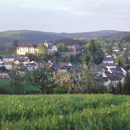 Vue sur la ville de Daun avec des collines verdoyantes en arrière-plan.
