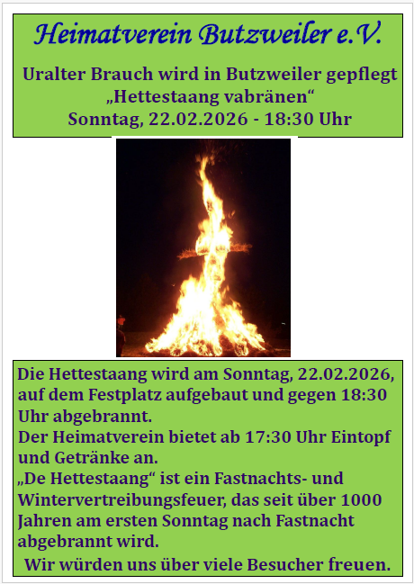 Un feu brûle brillamment, entouré d'un fond sombre. Il annonce l'événement "Hettestaang vabränen" le 18 février 2024.