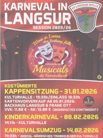 Een kleurrijk poster voor het carnaval in Langsur met informatie over evenementen en data. Het toont een feestelijke sfeer met een onderliggend beeld van sprookjesfiguren.