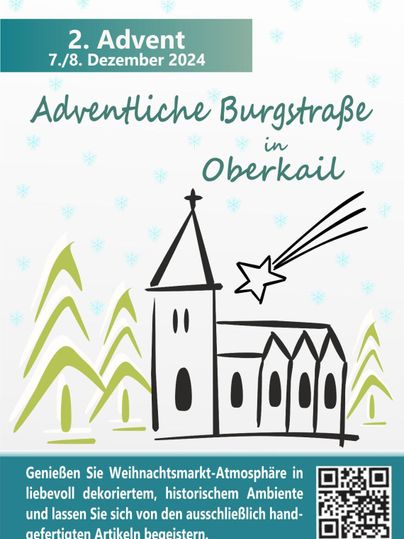 Eine stilisierte Abbildung einer Kirche mit Tannenbäumen und einem Stern. Der Text kündigt den Adventsmarkt in Oberkail am 2. Advent 2024 an.