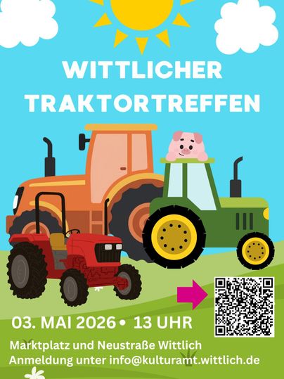 Een vrolijk poster voor het Wittlicher Tractoren Treffen met kleurrijke tractoren en een cartoonachtige weergave. Het evenement vindt plaats op 3 mei 2026 om 13:00 uur.