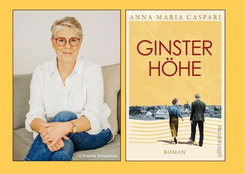 A woman with glasses is sitting and smiling while wearing a light top. Next to her is the book cover "Ginsterhöhe" by Anna-Maria Caspari.