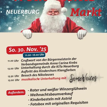 Een reclameposter voor de kerstmarkt in Neuenburg met informatie over data, activiteiten en aanbiedingen. Er worden glühwein, een kerstboomverkoop en knutselen voor kinderen aangeboden.