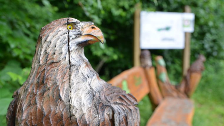 Une statue en bois d'un aigle et, en arrière-plan flou, un banc et un panneau d'information.