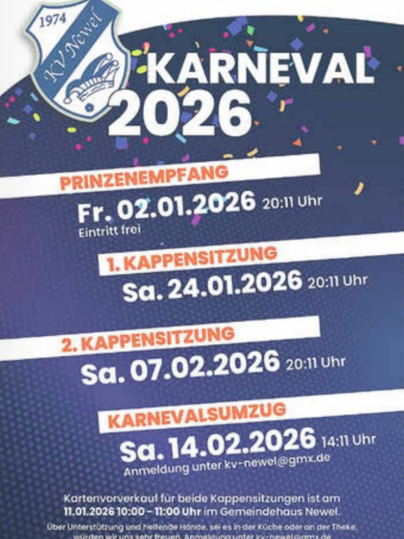 Een poster voor de carnaval 2025 met informatie over drie evenementen. Datum, tijd en inschrijfdetails zijn duidelijk zichtbaar.