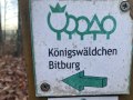 Schild mit der Aufschrift 'Königswäldchen Bitburg' und einem grünen Pfeil nach links. Im Hintergrund sind Bäume und Laub zu sehen., © TI Bitburger Land