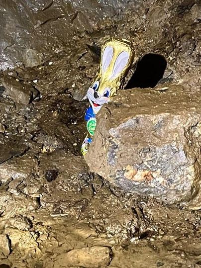 A chocolate bunny is hiding behind a rock in a cave. The surroundings consist of dark soil and rocks.