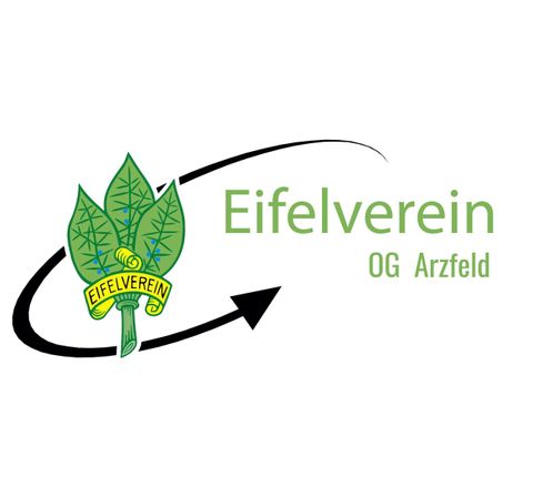 Een logo van de Eifelvereniging, dat groene bladeren en een wandelstok toont. Het vertegenwoordigt de plaatselijke groep Arzfeld.