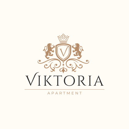 Ein elegantes Logo für ein Apartment namens Viktoria. Es zeigt ein Wappen mit Löwen und einer Krone.