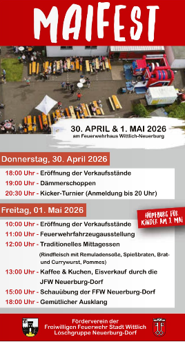 A flyer for the May Festival with information about events on April 30 and May 1, 2026. The activities include the opening of sales booths, traditional lunches, and a children's program.