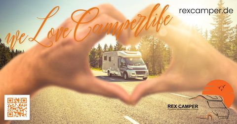 A motorhome drives on a road surrounded by trees. Hands form a heart in the foreground with the text "we Love Camperlife."