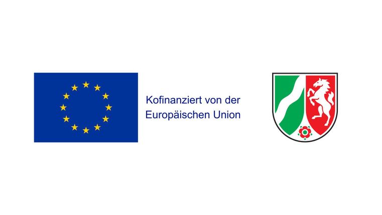 Een logo van de Europese Unie gecombineerd met het wapen van Noordrijn-Westfalen. Daaronder staat "Gedeeltelijk gefinancierd door de Europese Unie".