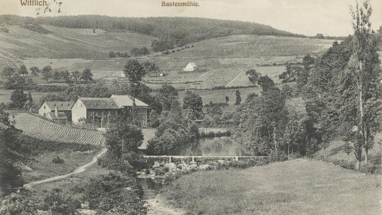 Eine idyllische Landschaft mit sanften Hügeln und einem Fluss. Im Vordergrund sind Bäume und ein Gebäude sichtbar, umgeben von grünen Feldern.