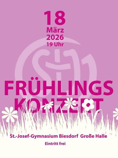 A cheerful spring concert with colorful flowers in the background. The event will take place on March 26, 2025, at 7 PM at the St. Josef-Gymnasium Biesdorf.