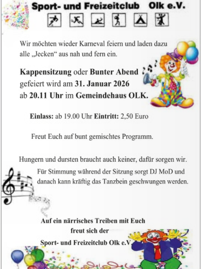Een evenementmelding voor een carnavalsavond in de Sport- en Vrijetijdsclub Olk e.V. De gelegenheid biedt een gevarieerd programma met een optreden van DJ MoD en vrolijke activiteiten.
