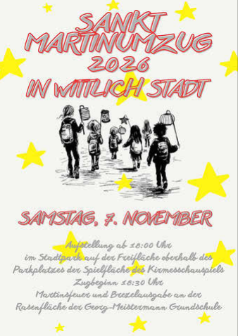 Ein bunter Flyer für den Laternenumzug zum Sankt Martin in Wittlich Stadt. Er zeigt eine Gans und Laternen sowie wichtige Informationen zum Event am 8. November 2025.