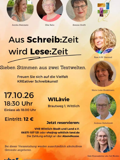 Een evenement met de titel "Van Schrijf:Tijd wordt Lees:Tijd" vindt plaats op 17 oktober 2026. Zeven stemmen presenteren diverse teksten in WILàvie, Wittlich, met entree- en reserveringsinformatie.