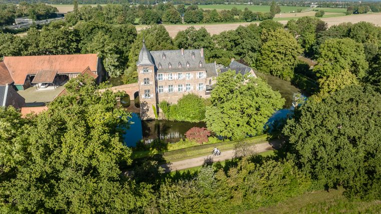 Aerial view of a castle with moat, surrounded by trees and fields.