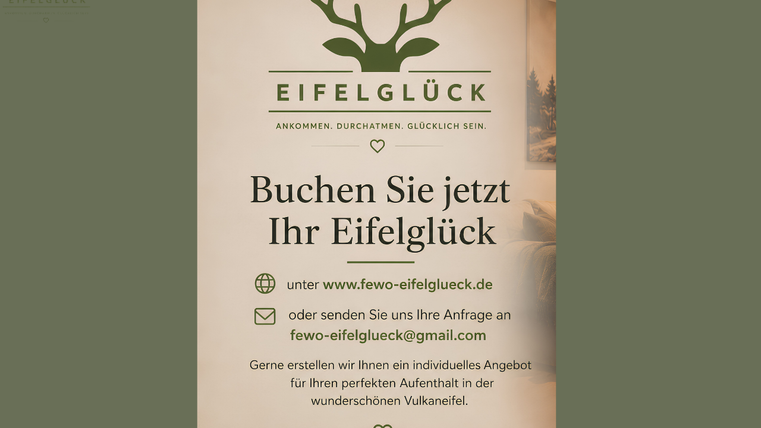 Ein Werbeplakat für "Eifelglück", das eine Unterkunft in der Eifel bewirbt. Es enthält Informationen zur Buchung und Kontaktmöglichkeiten.