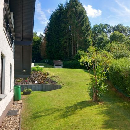 A well-kept garden with green grass and trees. In the background, a bench is visible.